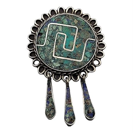 Signed Taxco Native Sterling Silver & Turquoise Inlay Brooch/Pendant