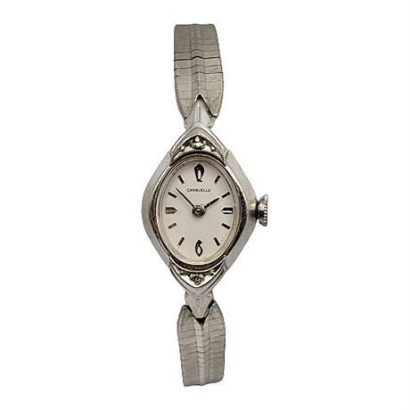 Vintage Caravelle 10K White Gold Plated Diamond Wrist Watch