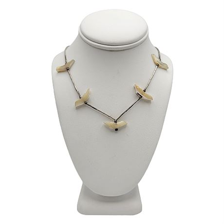 Liquid Silver & Shell Bird Beaded Necklace