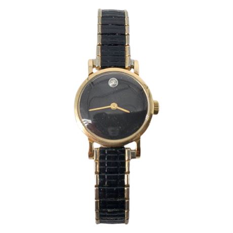 Vintage Omega 14K Gold & Diamond Black Watch