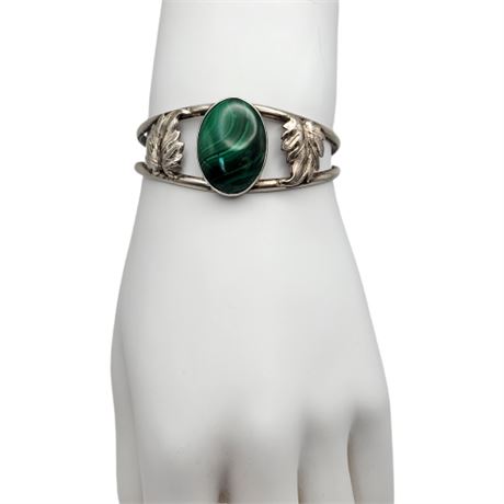 Vintage Malachite Silver Leaves Cuff Bracelet