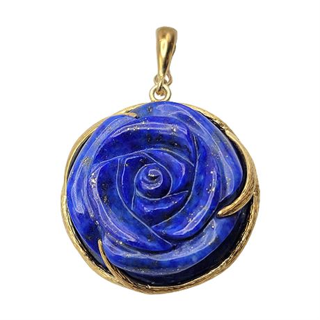 Gold Over Sterling Silver Carved Lapis Lazuli Rose Pendant/Enhancer