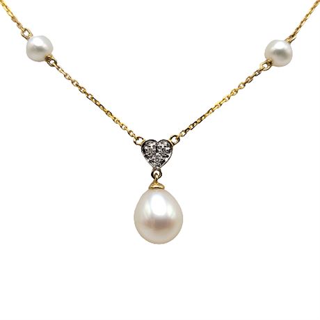14K Gold Diamond Heart Pearl Drop Necklace