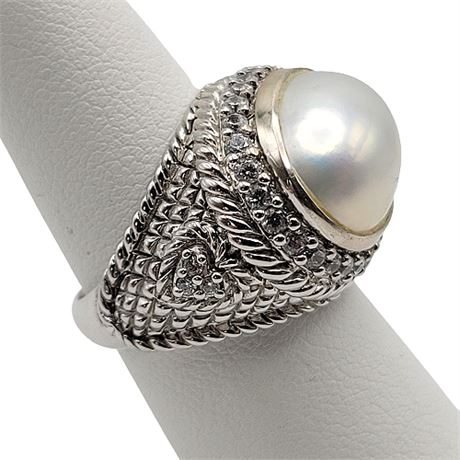 Judith Ripka Sterling Silver Cultured Pearl CZ Ring
