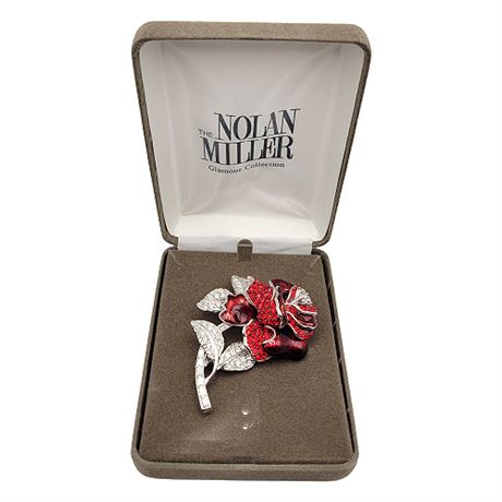Nolan Miller Rhinestone Red Rose Brooch