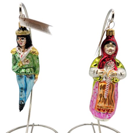 Christopher Radko Candy Cane Woman / Nutcracker Prince Glass Ornaments