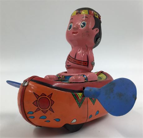 Vintage Yanoman Tin Litho Friction Indian in Canoe Made in Japan Toy