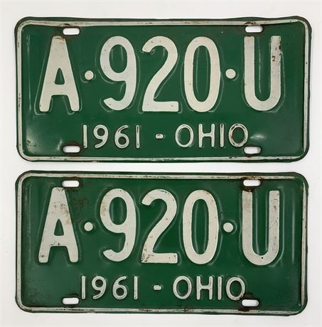 Pair of 1961 Ohio Green & White A 920 U Automobile License Plates