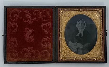 Victorian 1850s Matronly Woman Ambrotype in Leather Cross Case