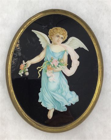Antique Victorian Cherub Reverse Painted Oval Angel Framed Wall Art, Flue Cover