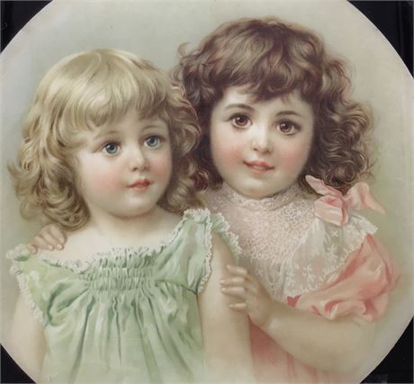 Large 14” Antique Victorian Beautiful Little Girls Framed Wall Art, Flue Cover