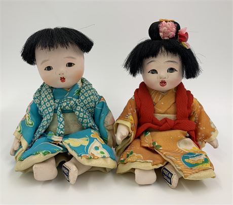 Pair of Vintage Japanese Ichimatsu Miniature 6” Porcelain Girl & Boy Dolls