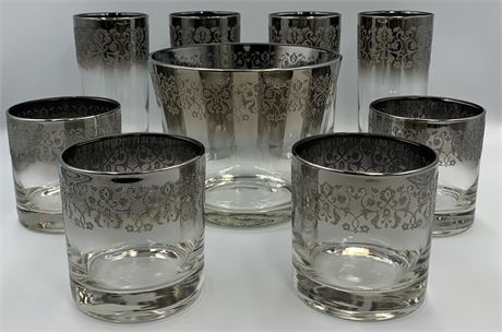 MCM Dorothy Thorpe Style Sterling Fade Cocktail Glass Set, Caddy & Ice Bucket