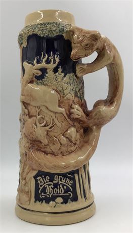 Impressively Large 13 1/2” German Die Grune Heid Fox Handle Stag Beer Stein