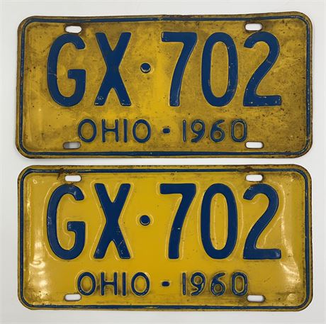 Pair of 1960 Ohio Yellow & Blue GX 702 Automobile License Plates