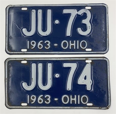 2 1963 Ohio Blue & White JU 73 JU 74 Automobile License Plates