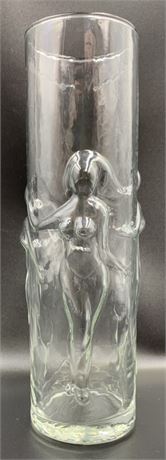 Mid Century Modern Trio of Curvy Nudes Clear Art Glass 8.5” Vase