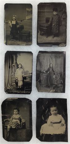6 Civil War-1890s Children Tin Type Hand Tinted Photographs