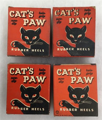 Four 1930s Black Cat Graphic NOS Cat’s Paw Cobbler Rubber Shoe Heels in Boxes