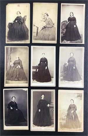 9 Civil War Women in Hoop Skirts Carte de Visite Photographs, France & USA