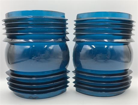 Pair Antique Maritime Ship Lantern Blue Green Ribbed Glass Lenses, Great Lakes