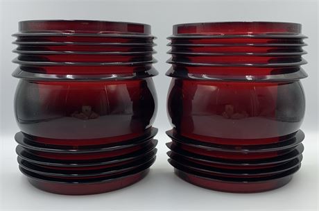 Pair Antique Maritime Ship Lantern Ruby Red Ribbed Glass Lenses, Great Lakes