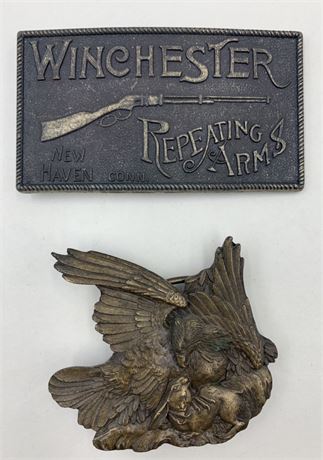 2 Vintage Belt Buckles: Winchester Repeating Arms & Brass Eagle