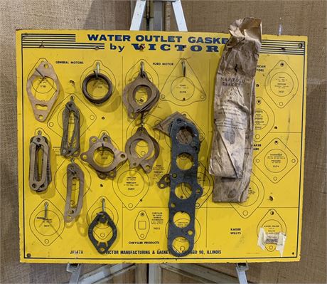 1950s era Service Station Water Outlet Gasket Display by Victor, NOS Gaskets