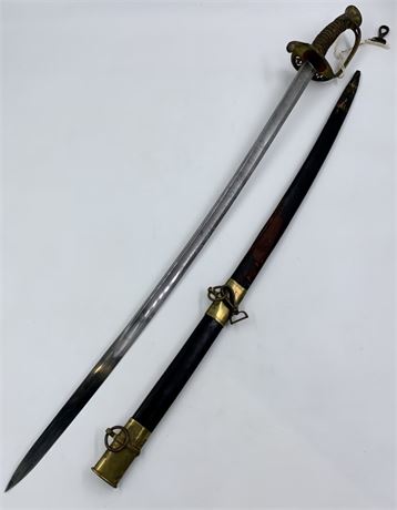 Antique US Military Dress Sword with Scabbard, Flag, Cannon, Drum Etched Blade