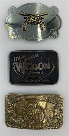 3 Vintage Belt Buckles: Express Wells Fargo, Wesson Arms & Wild West Revolvers