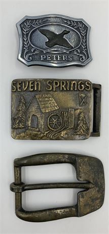 3 Vintage Belt Buckles: Peters Ammunition, 1974 Seven Springs & Rustic Folk