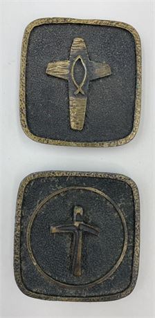 2 Vintage Belt Buckles: Christian Cross & Fish of Plenty