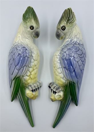 Pair Mid Century Hollywood Ceramics Lavender Pottery Parrot Wall Pockets