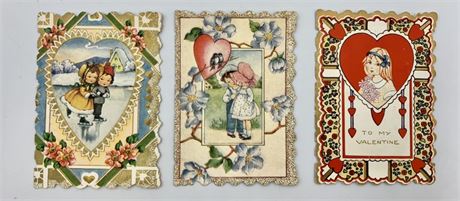 Three 1920s Vintage Paper Valentine Cards dated 1921, 1922 & 1927