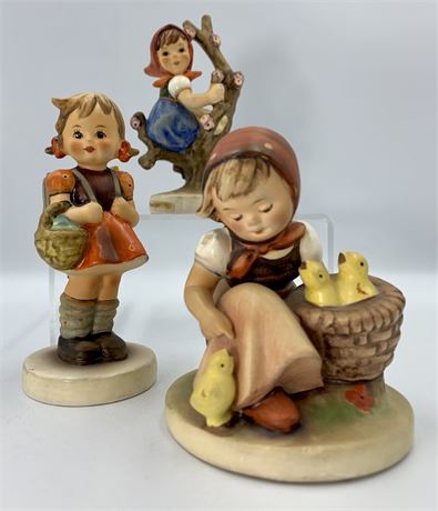 3 W Germany Goebel Vintage Figurines : Apple Tree Girl, School Girl, Chick Girl