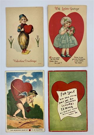 4 pc 1911-1921 Antique Valentine Postcard Lot, One cent Stamp