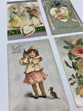 4 pc 1908-1910 Antique Valentine Postcard Lot ,One cent Stamps
