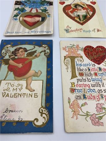 4 pc 1910-1921 Antique Valentine Postcard Lot ,One cent Stamps