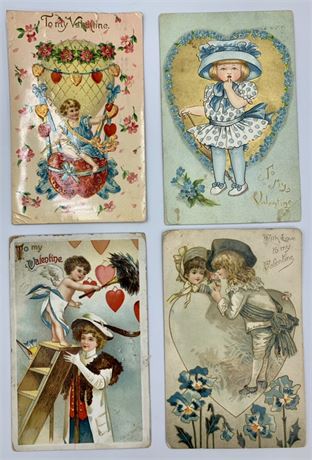 4 pc 1910-1911 Antique Valentine Postcard Lot, One cent Stamp