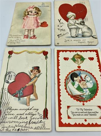 4 pc 1907-1918 Antique Valentine Postcard Lot ,One & Two cent Stamp