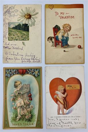4 pc 1906-1912 Antique Valentine Postcard Lot, One cent Stamp