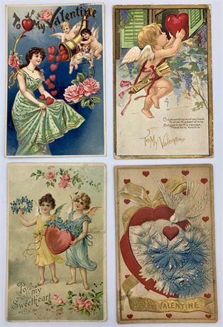 4 pc 1910 & 1911 Antique Valentine Postcard Lot, One cent Stamp