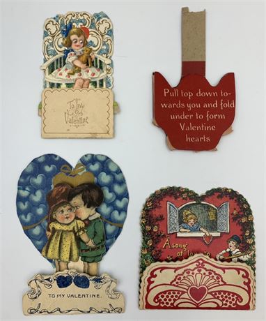 4 Antique Stand Up Pop Up Embossed Paper Honeycomb Valentines