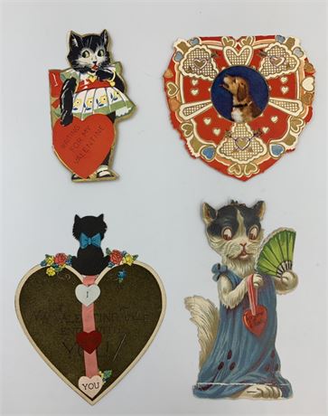4 Vintage Germany Cats & Dog Paper Valentines