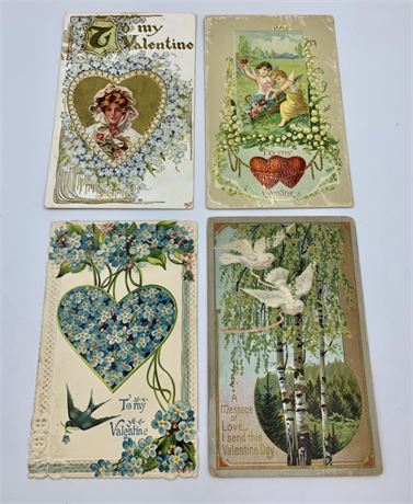 4 pc 1910 Antique Valentine Postcard Lot, One cent Stamp