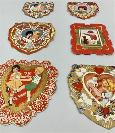 6 pc 1920s era Vintage Folded Whitney Made Dog & Cat Valentines
