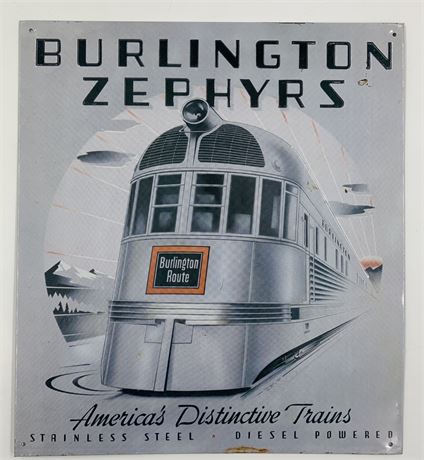 1992 Burlington Zephyrs Train Embossed Metal Advertising Sign