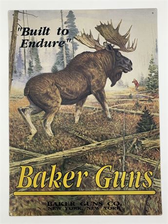 NOS 1991 BAKER Guns Co. Moose Hunt Metal Advertising Sign