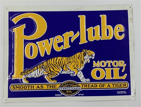 Power-Lube Motor Oil Tiger Embossed Metal Advertising Sign