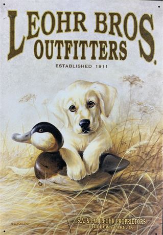 1990s Leohr Bros. Outfitters Lab Pup Duck Hunting Metal Advertising Sign